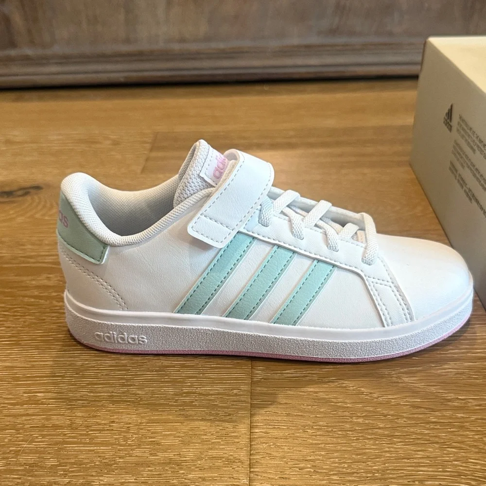 Adidas Kids White Sneakers with Mint Stripes